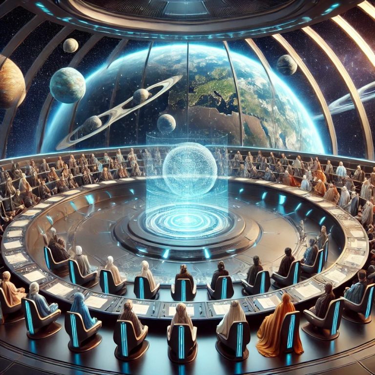 Futuristic meeting room with planets in the background and people in robes.