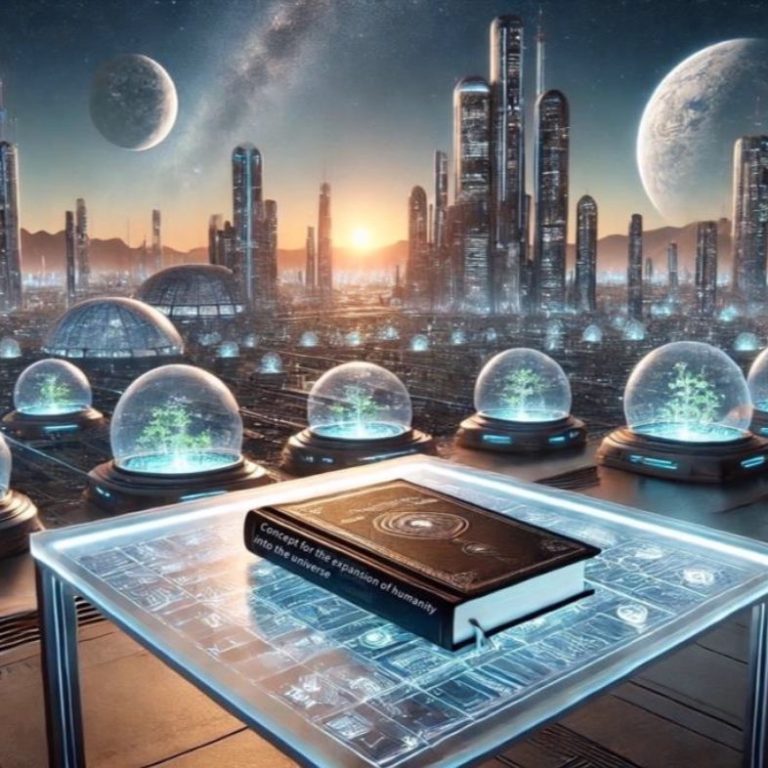 Futuristic cityscape with domes, planets, and a book on a table.