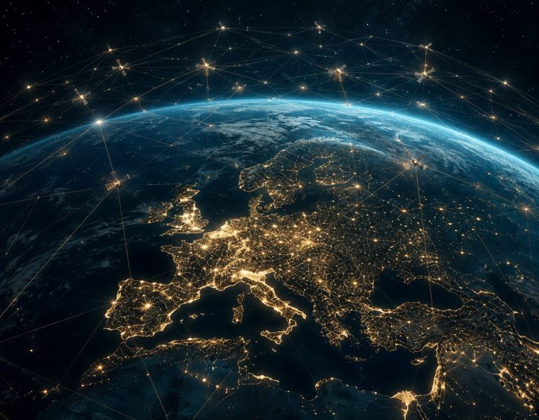 A night view of Europe with illuminated cities and a network of lines above them.