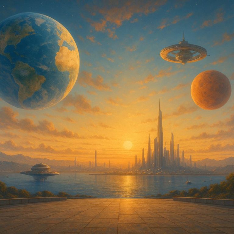Futuristic cityscape with two planets and a sunset in the background.