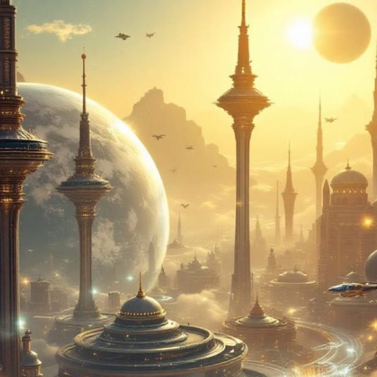 Futuristic cityscape with tall towers and a large moon in the background.