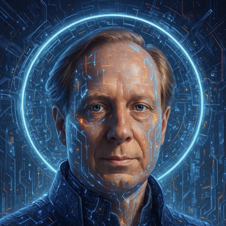 The visionary Sascha Wenzel with a technological face in a blue light environment and futuristic background.
